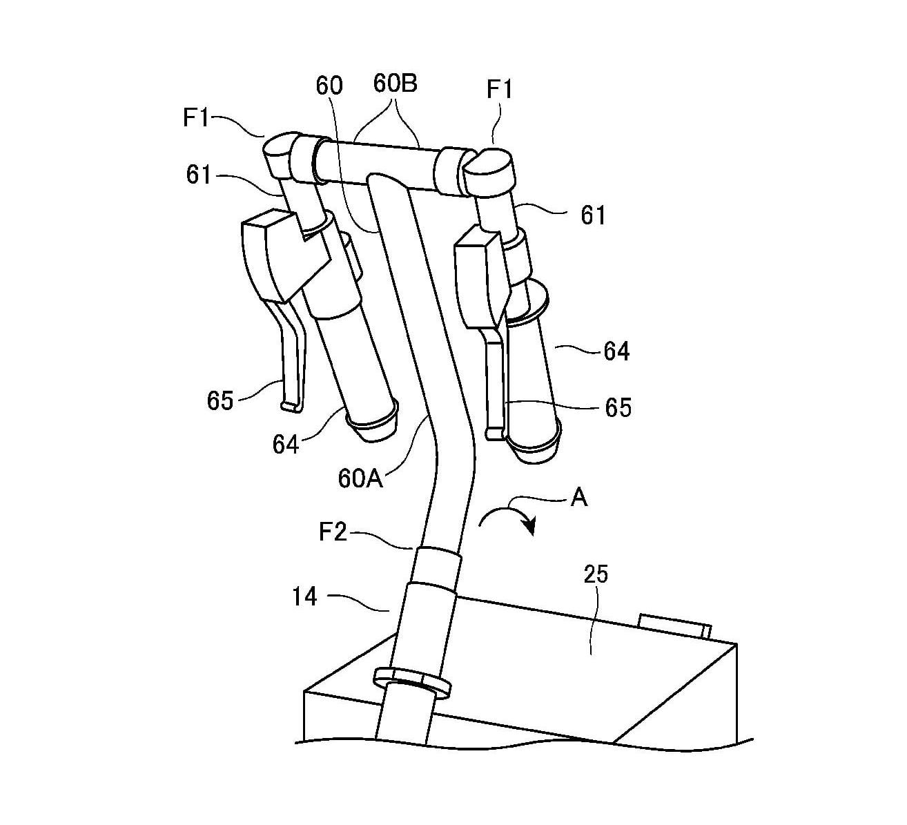 This image shows how the handlebars can be folded to allow the scooters to be tightly packed together for storage or transportation.
