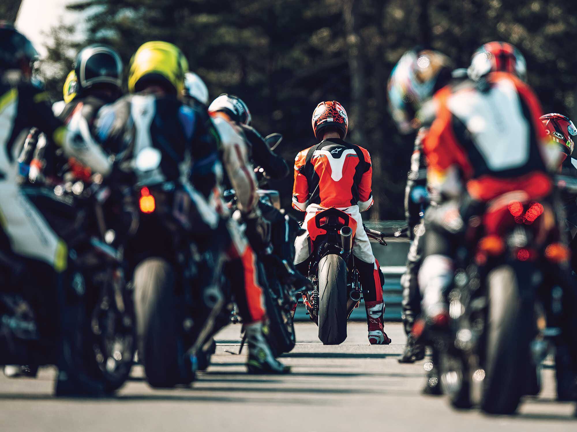 Students line up for a drill at NJMP—Smith, in back, questions his sanity.