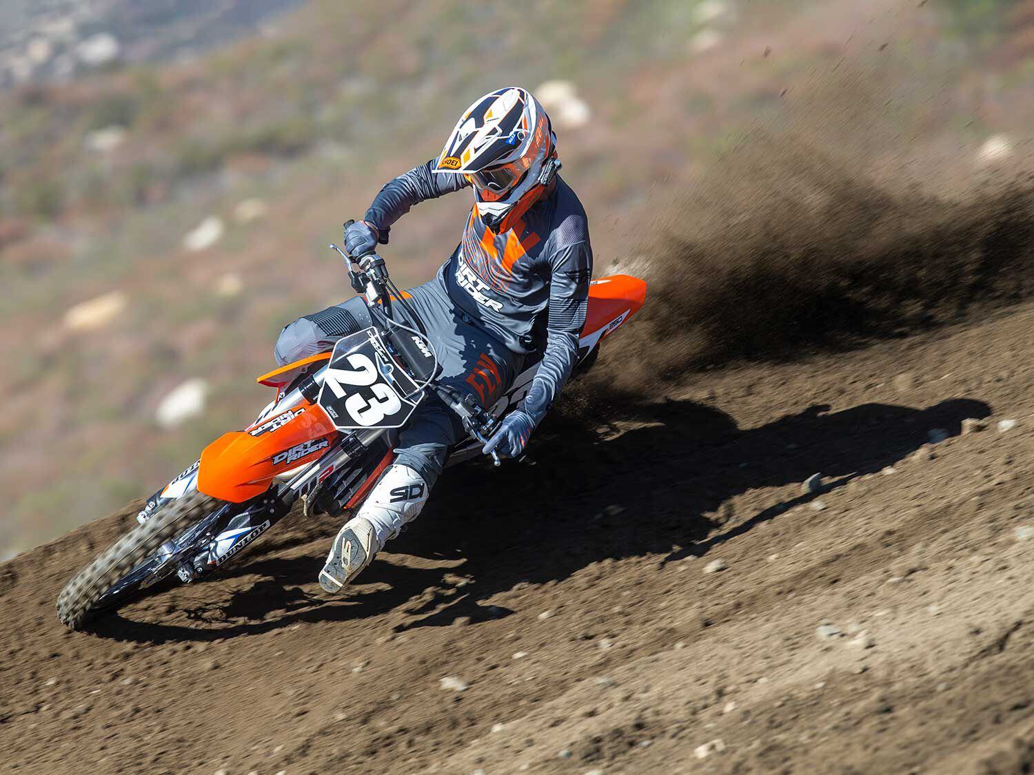 “Although it doesn’t have a ton of initial hit, the 250 SX-F has a very smooth yet aggressive pull when transitioning from the bottom-end to the midrange, and then continues to pull all the way up to the top-end. Also, the Brembo hydraulic clutch is great! It has an awesome feel and doesn’t fade.” <em>—Tanner Basso</em>