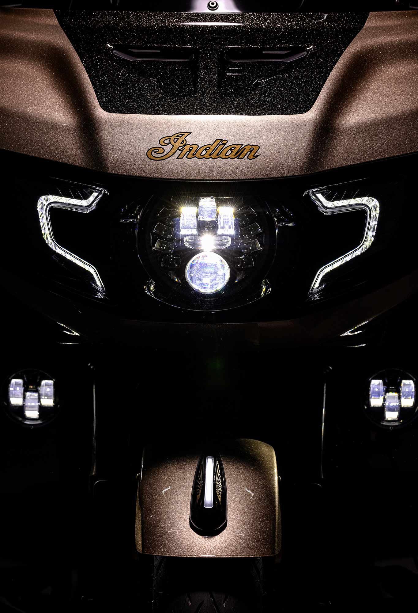 Indian’s adaptive Pathfinder headlight and driving lights sense lean angle and activate individual LED projector beams for greater visibility in turns.