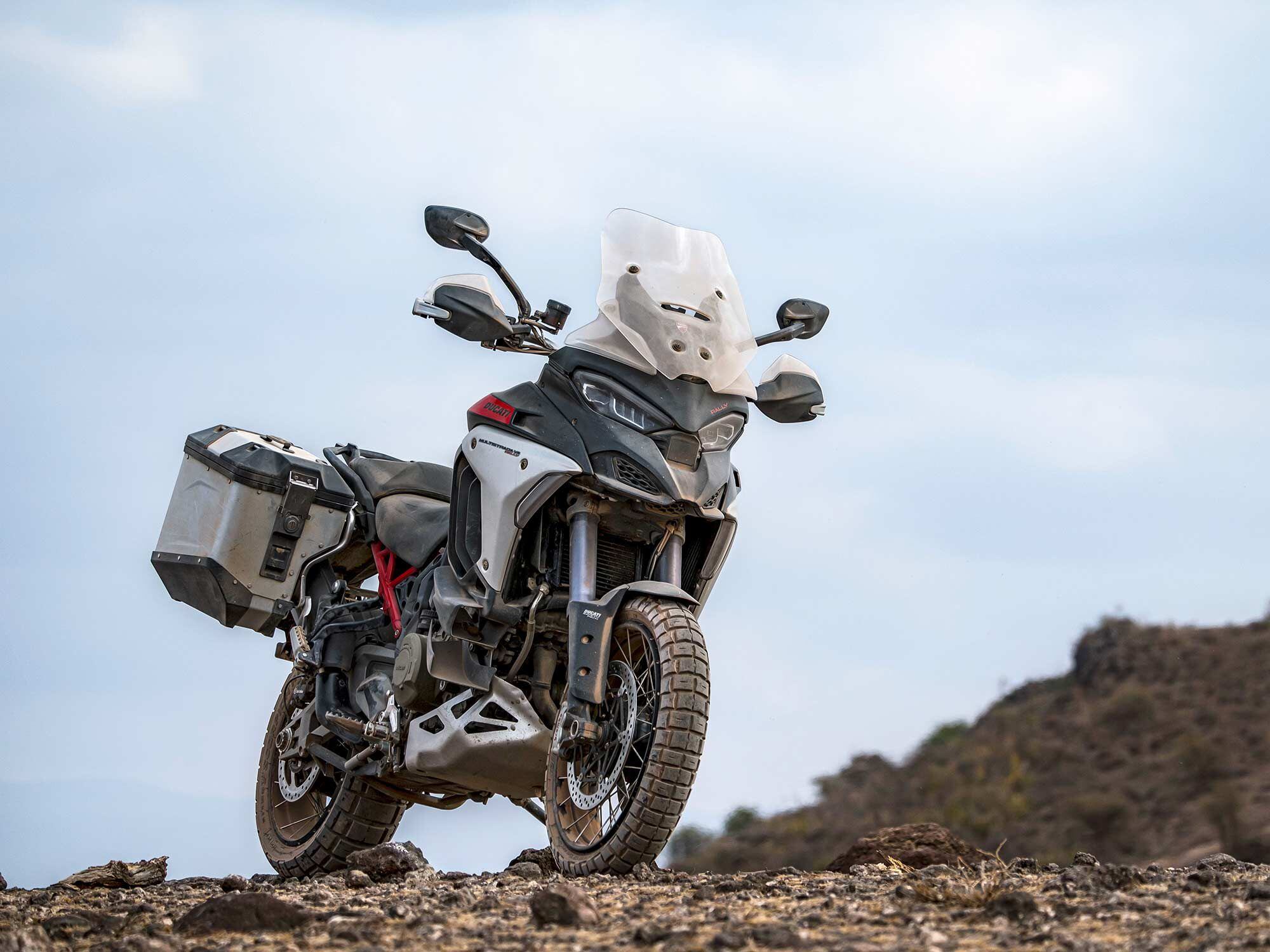 Ducati’s Multistrada V4 Rally has longer-travel suspension, a larger fuel tank, and increased comfort.