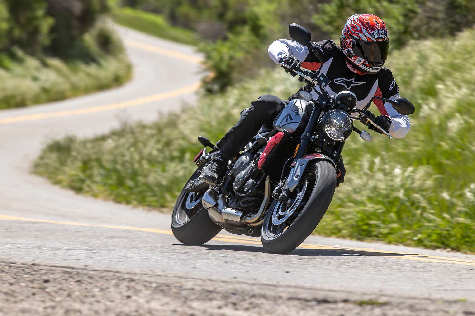 Despite more relaxed steering geometry, the Trident can still tear up the corners.