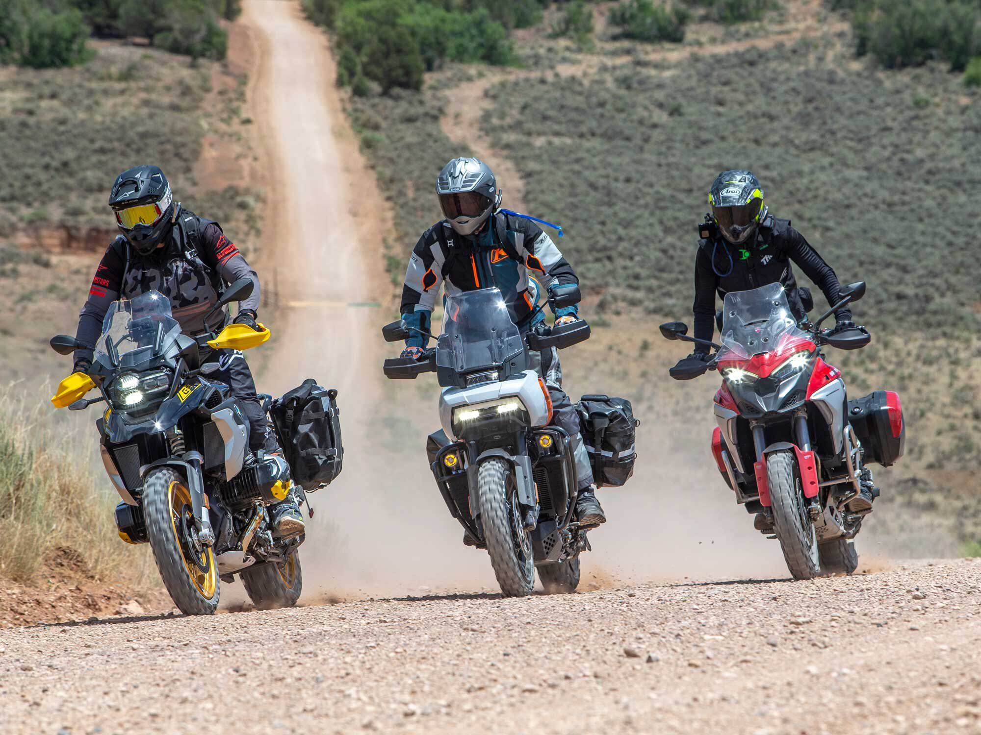 Fast and flowing dirt roads are the place where these technologically sophisticated adventure-tourers can really show the merits of lean-sensitive traction control and off-road ABS.