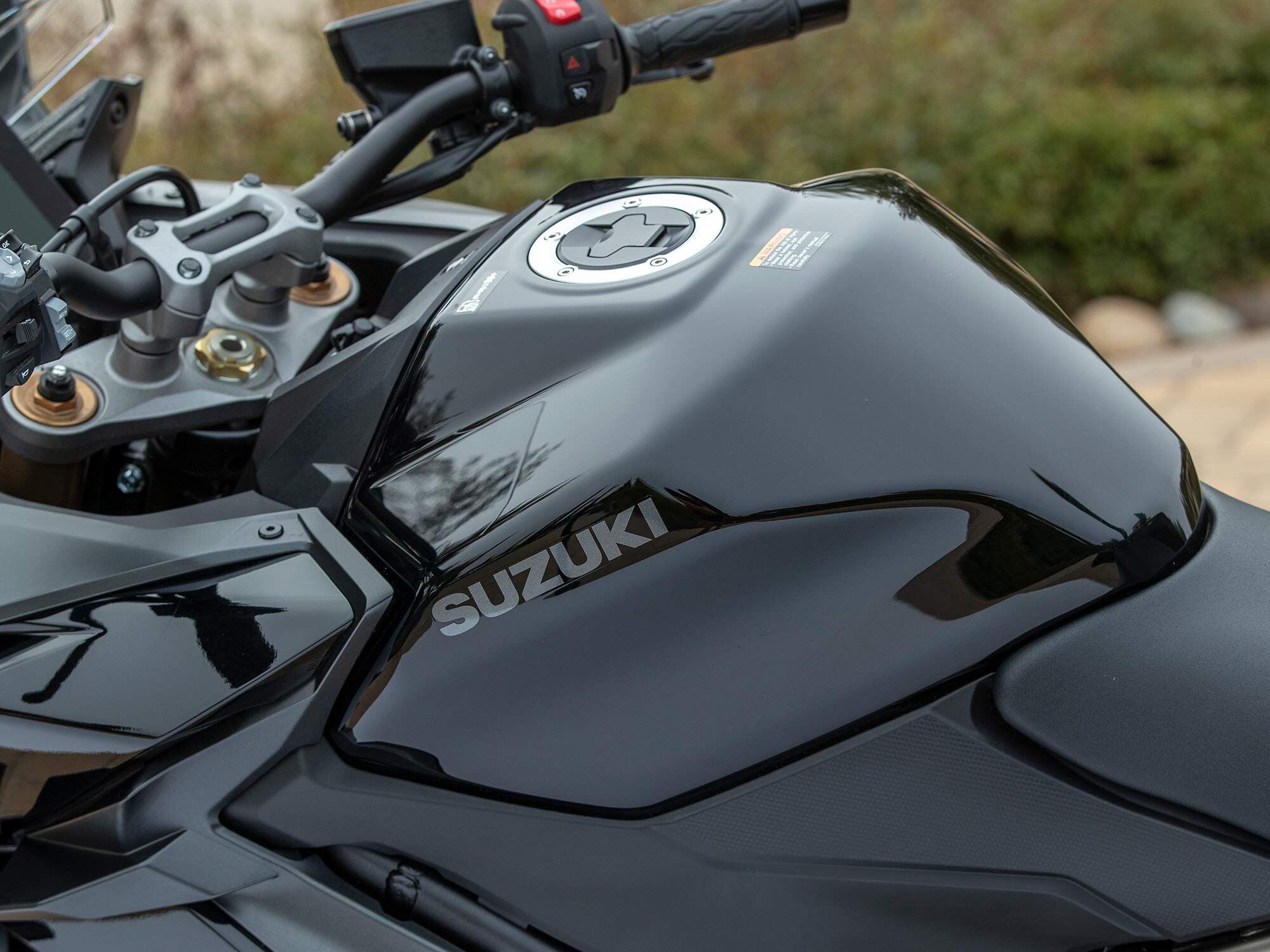 The GT’s 5-gallon fuel tank is a half-gallon larger than the GSX-S1000F’s tank and, like the rest of the bike, is designed with way more personality than the outgoing piece.
