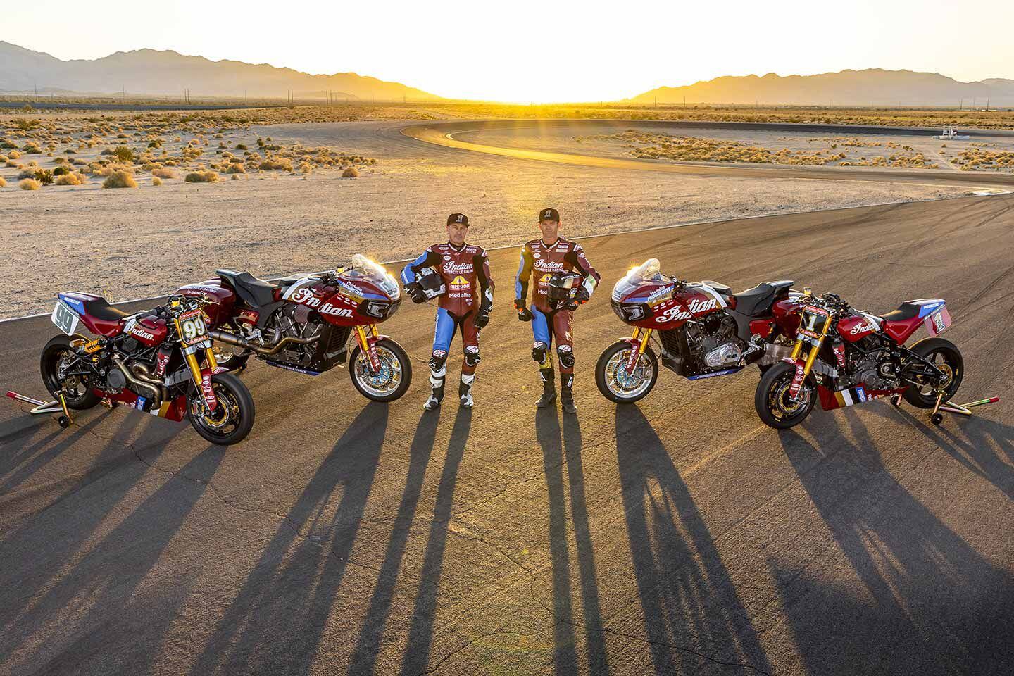 Tyler O’Hara (right) and Jeremy McWilliams (left) beside their Indian Challenger and FTR racebikes.