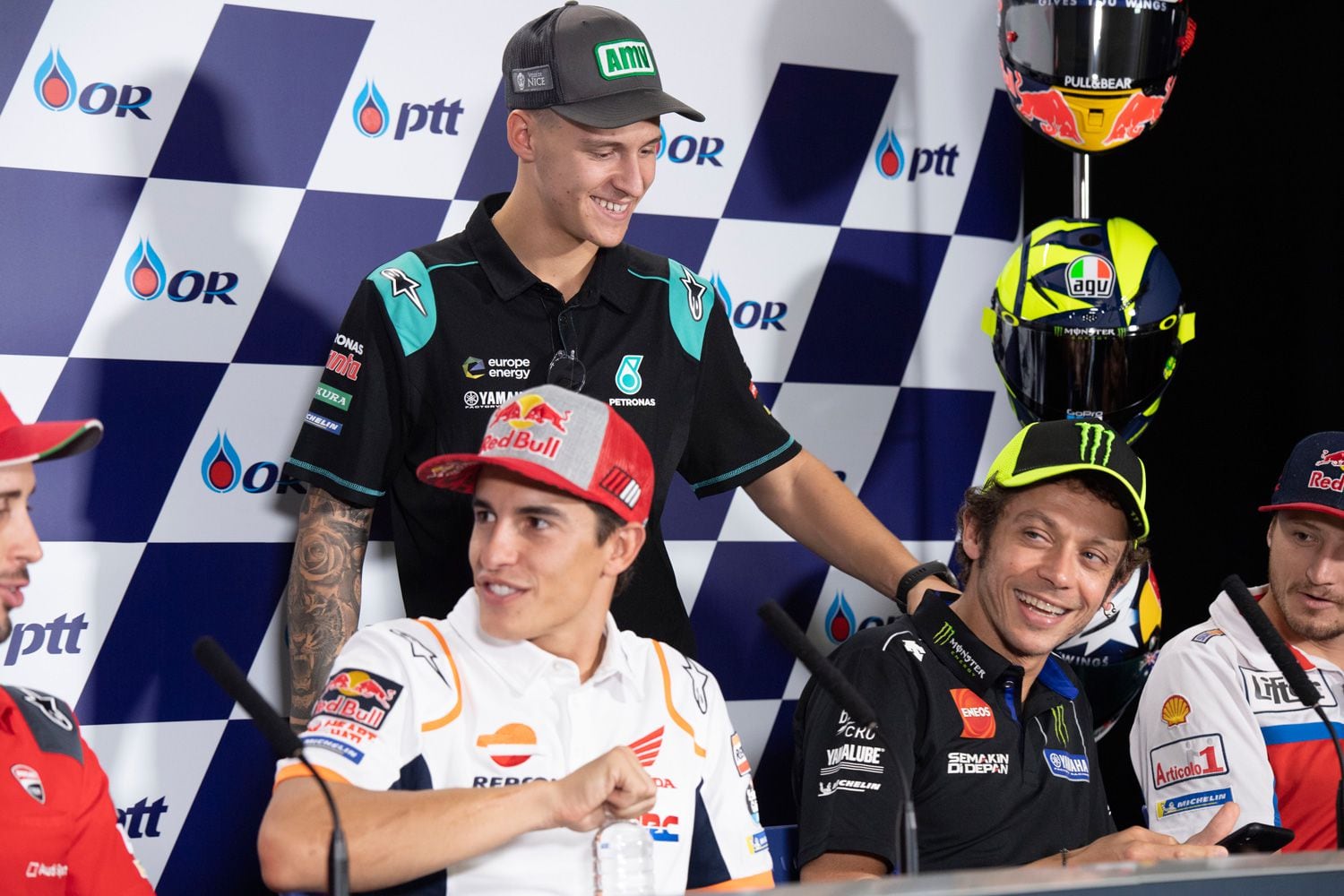 Quartararo with his idol, Valentino Rossi, and championship rival, Marc Márquez—17 world championship titles between them.