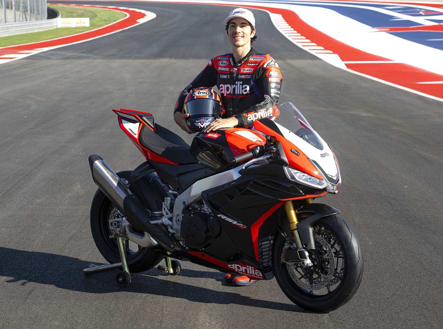 The special-edition RSV4 is meant as a celebration of the model’s first World Superbike win in 2009 with Max Biaggi at the helm. On this occasion, it’s Maverick Viñales providing the photo op.