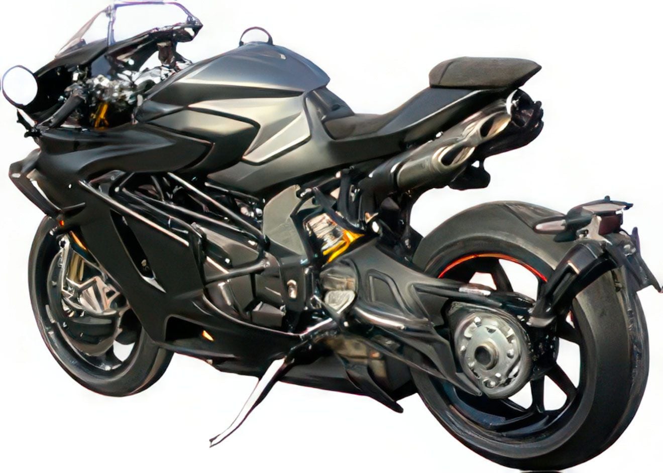 Rear three-quarter view shows off the F4-like quad exhaust pipes, and passenger accommodations.