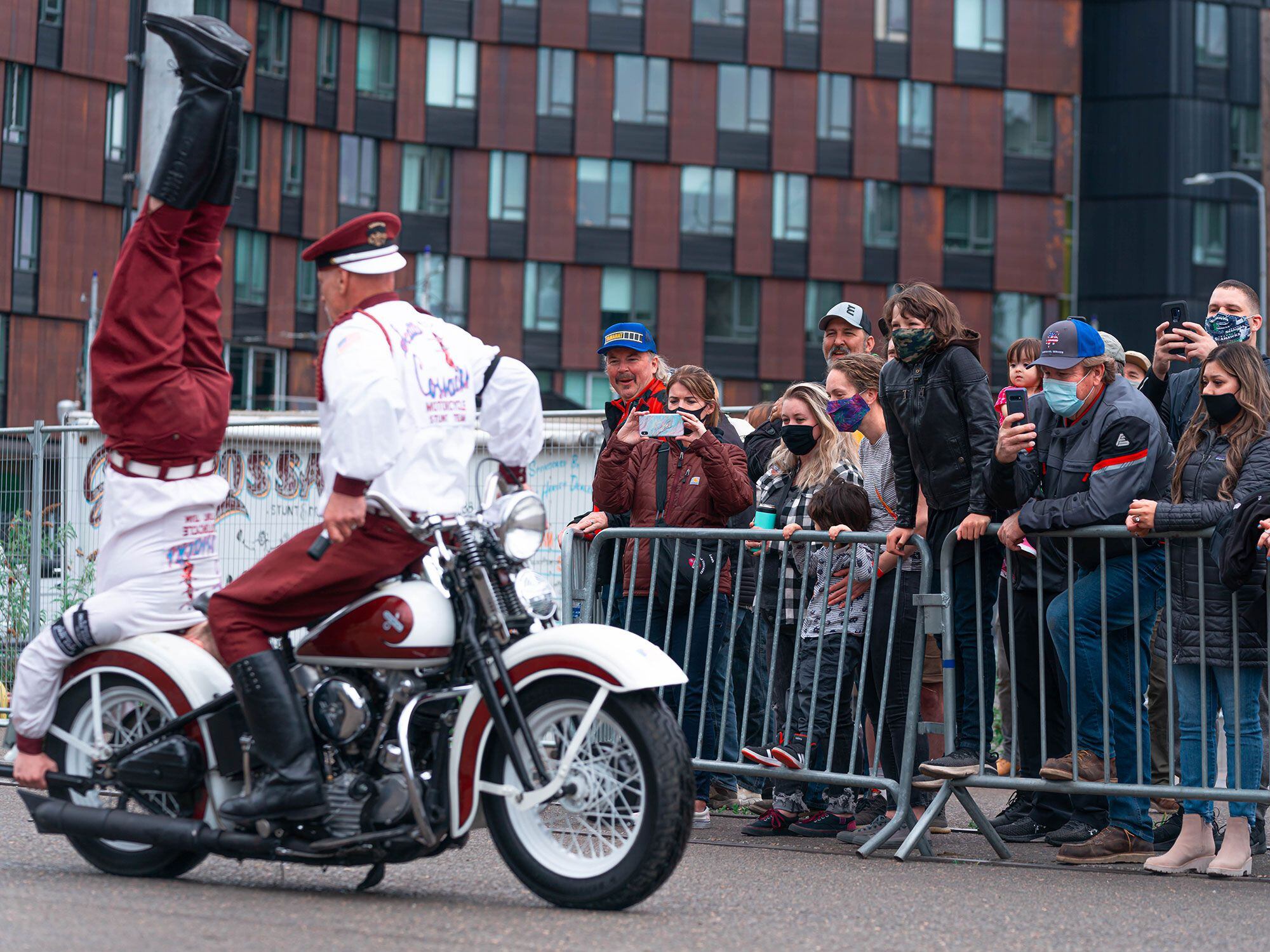 The Seattle Cossacks doing what they do best—wowing the crowd on their classic American motorcycles.