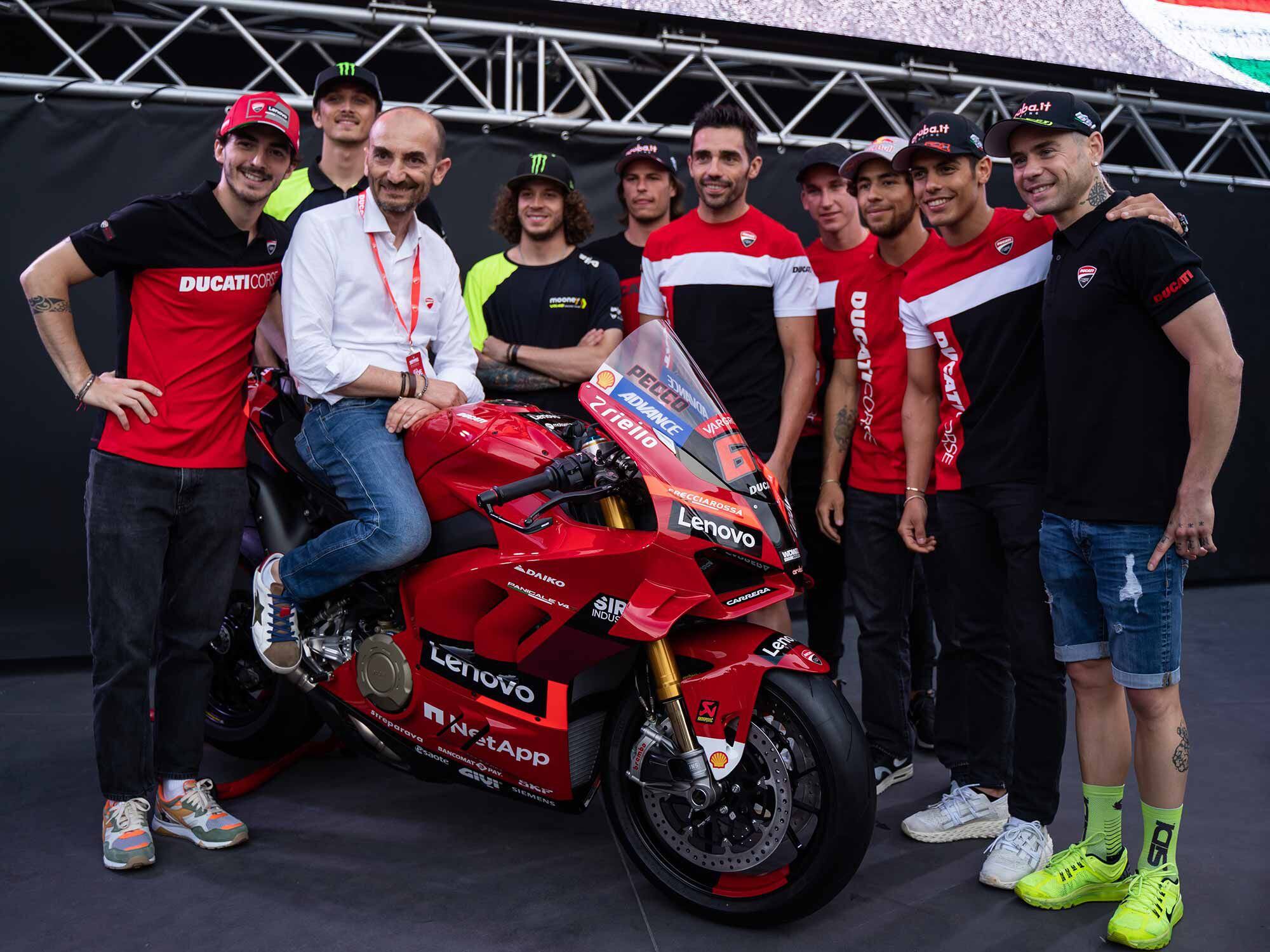 Ducati CEO Claudio Domenicali with the Ducati racers who will participate in the Lenova Race of Champions on Saturday, July 23.