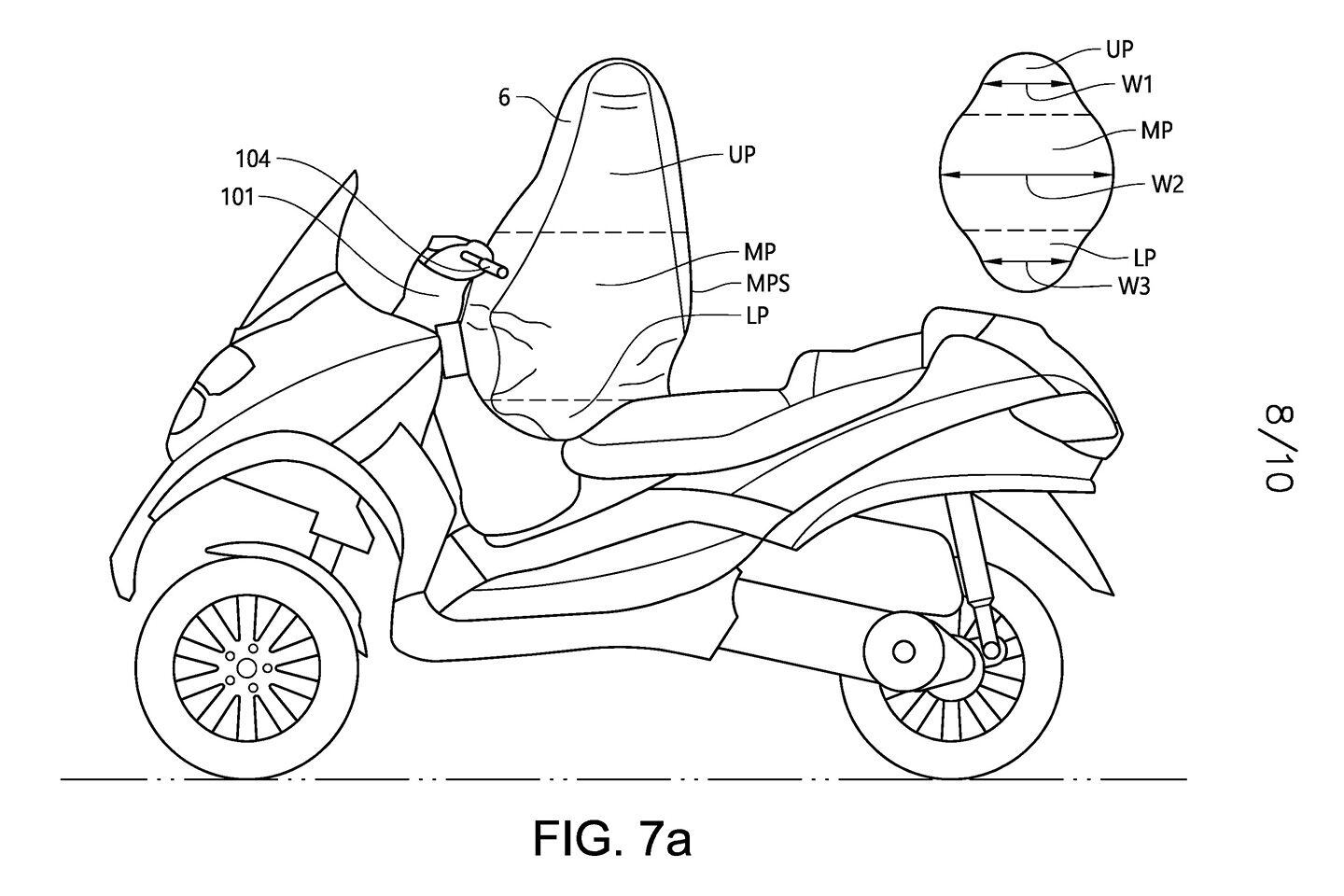 A side view of the MP3’s proposed airbag deployed.
