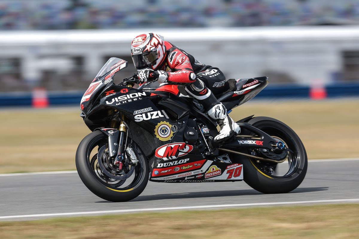 The GSX-R750 is seeing a bit of a resurgence thanks to the new Supersport Next Generation race class, with Vision Wheel M4 Ecstar Suzuki taking the bike to a win at Road America. In this case, the GSX-R750 is electronically limited to keep performance in line with the competition.