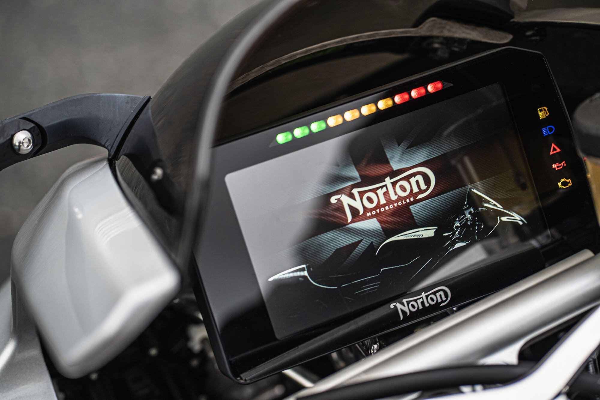 The Norton’s TFT dash is nicely packaged and features a rearview camera.