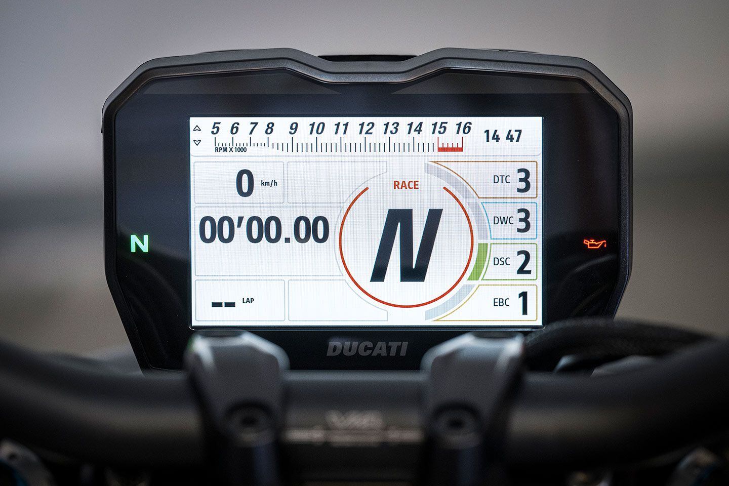 From MotoGP, to Panigale, to Streetfighter. The Track EVO display shown here was designed for Ducati’s GP riders and is brilliant for track use. Rider-aid settings stay lit when that system is engaged. While never easy to adjust settings while at speed on the track, the large indicators help ease the process.