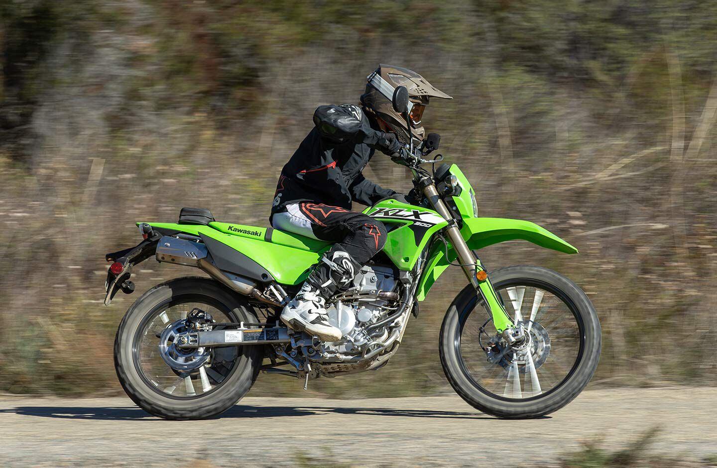 Despite the dual sport’s larger wheels and knobby tires, it is still capable of carving up chunky backroads.