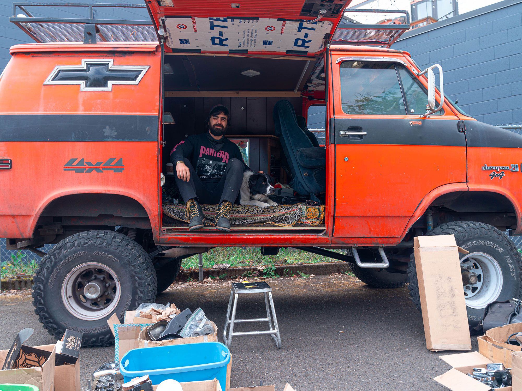 It’s not all bikes, just mostly. Kevin from Dirty Hands Garage sits in his Chevy van outside in the swap meet.