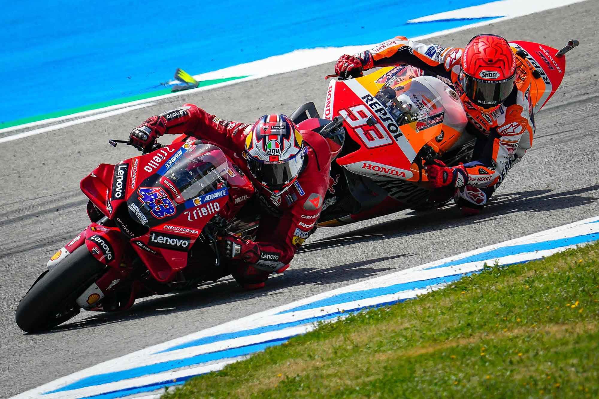 Marc Márquez (seen here following Ducati’s Jack Miller) noted that “Jerez is a narrow circuit where it’s difficult to pass, especially today with devices that lower the bike. Now it’s even harder with aerodynamics.