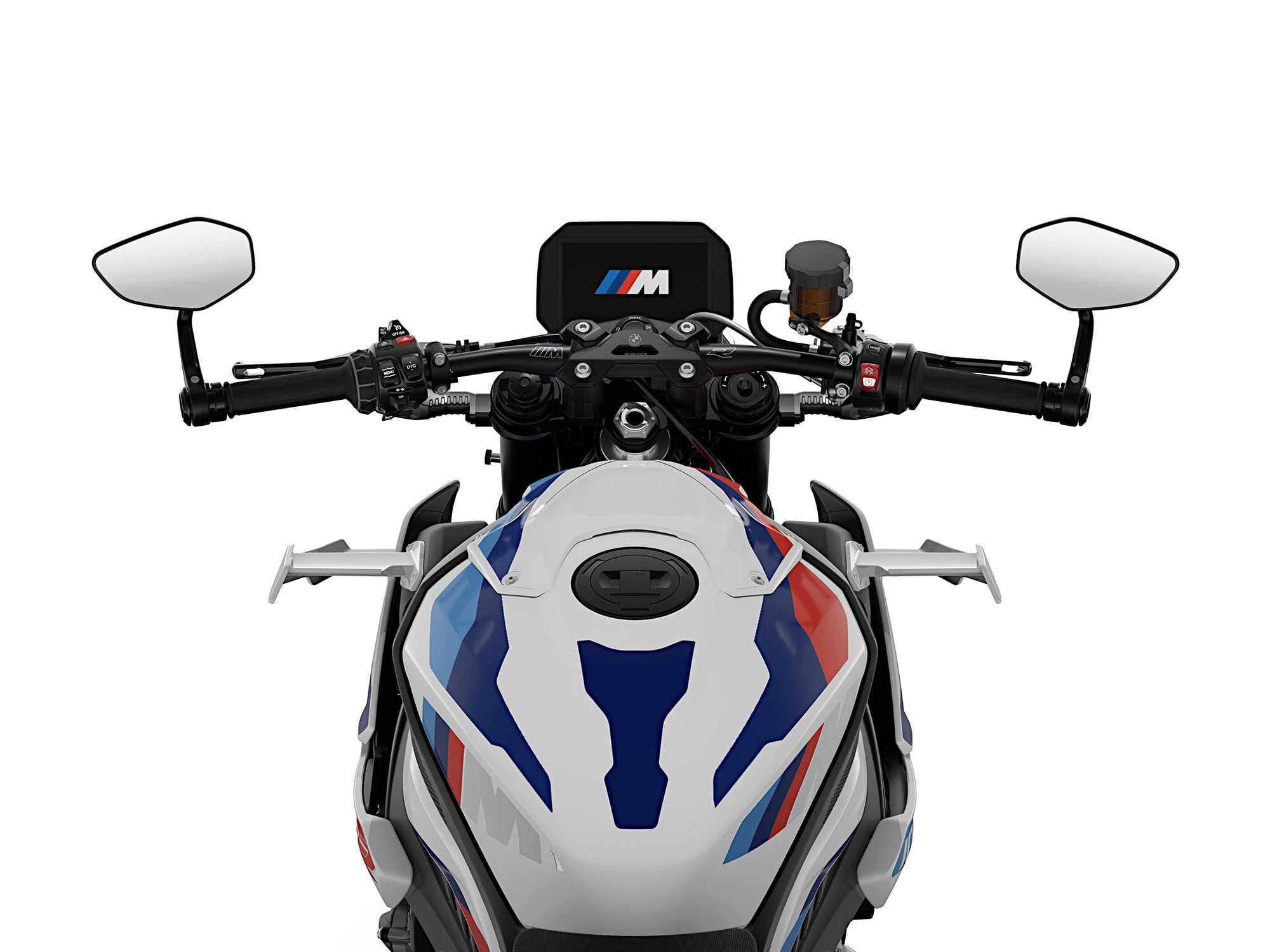 A better view of the winglets, plus the new wide handlebar and bar-end mirrors.