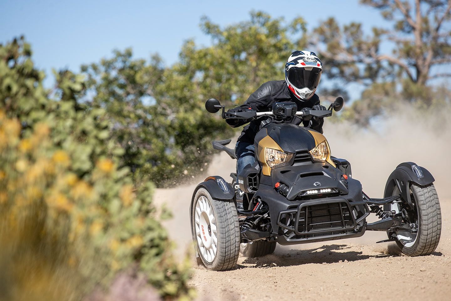 Similar to a quad, initiating a slide on the Ryker Rally requires knifing the front end while simultaneously applying throttle.