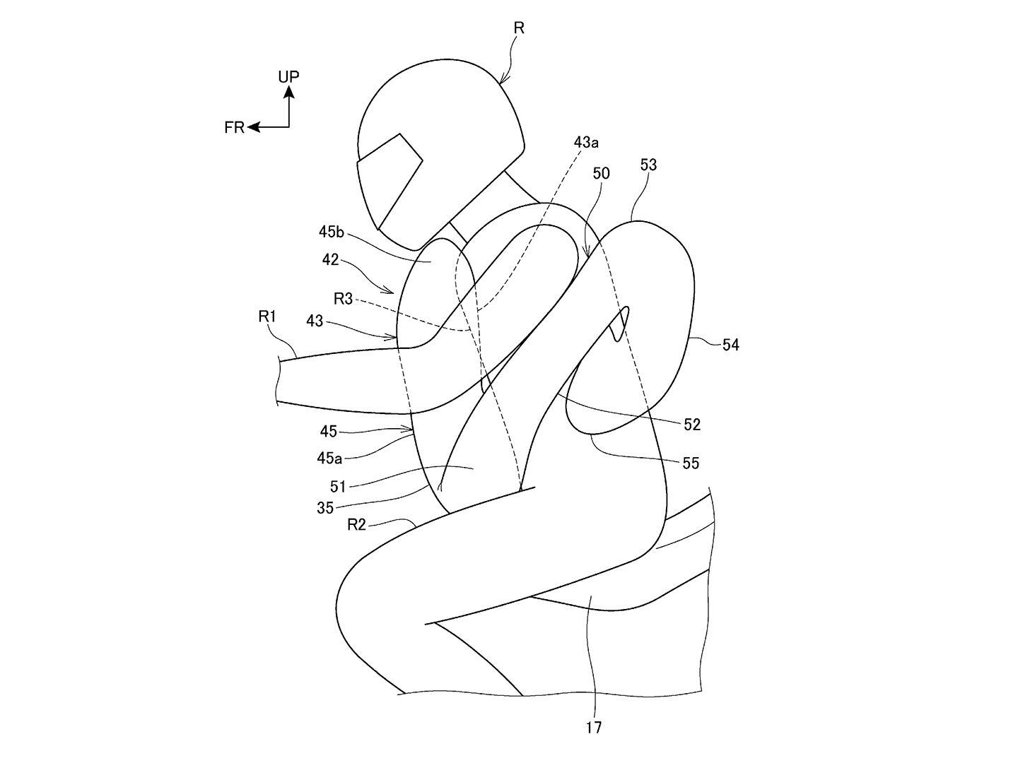 This variation would deploy from in front of the rider’s legs and wrap around the torso, protecting the chest.