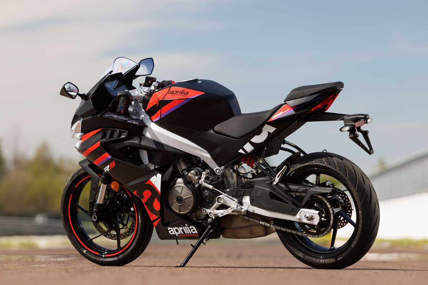 The Aprilia RS 457 has a 53.1-inch wheelbase, 34.2-inch seat height, and weighs a claimed 385 pounds.