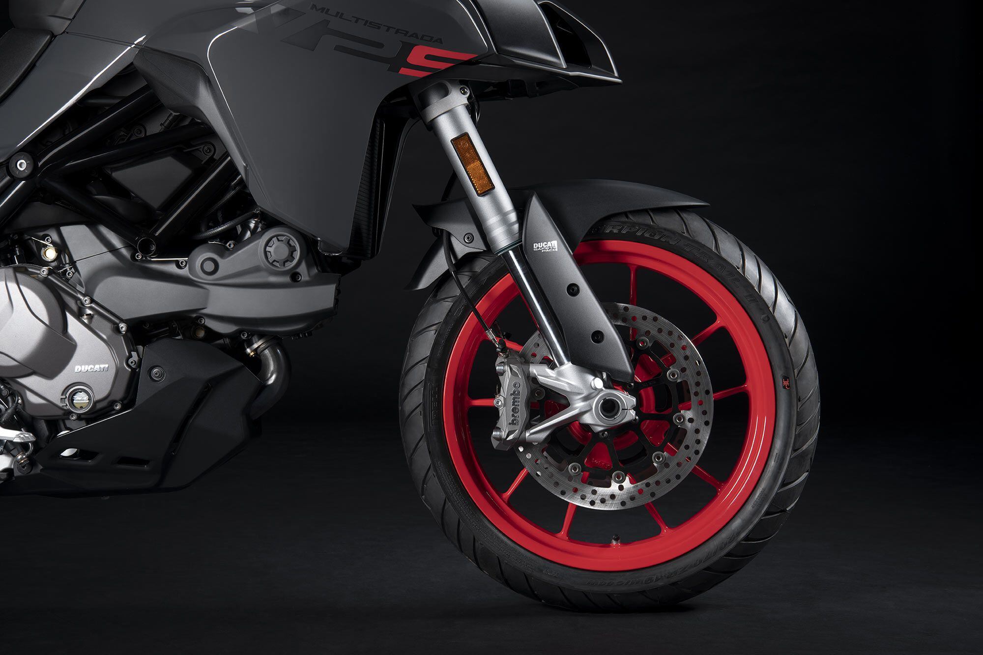While the V2 S model features Ducati’s Skyhook active suspension and a Sachs fork, both bikes use the same four-piston Monoblock Brembo brake setup, now with cornering ABS.