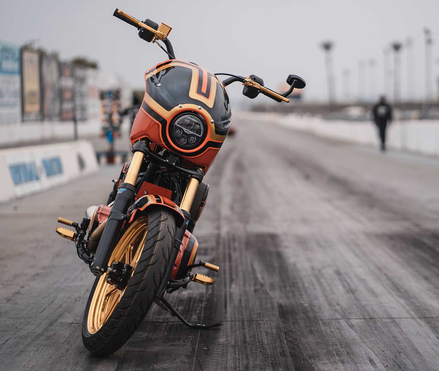 The Chief takes on a way different demeanor viewed from the front, thanks to a Ness front fairing and fork extensions from Altered Industries. GP Suspension internals now live in the fork.