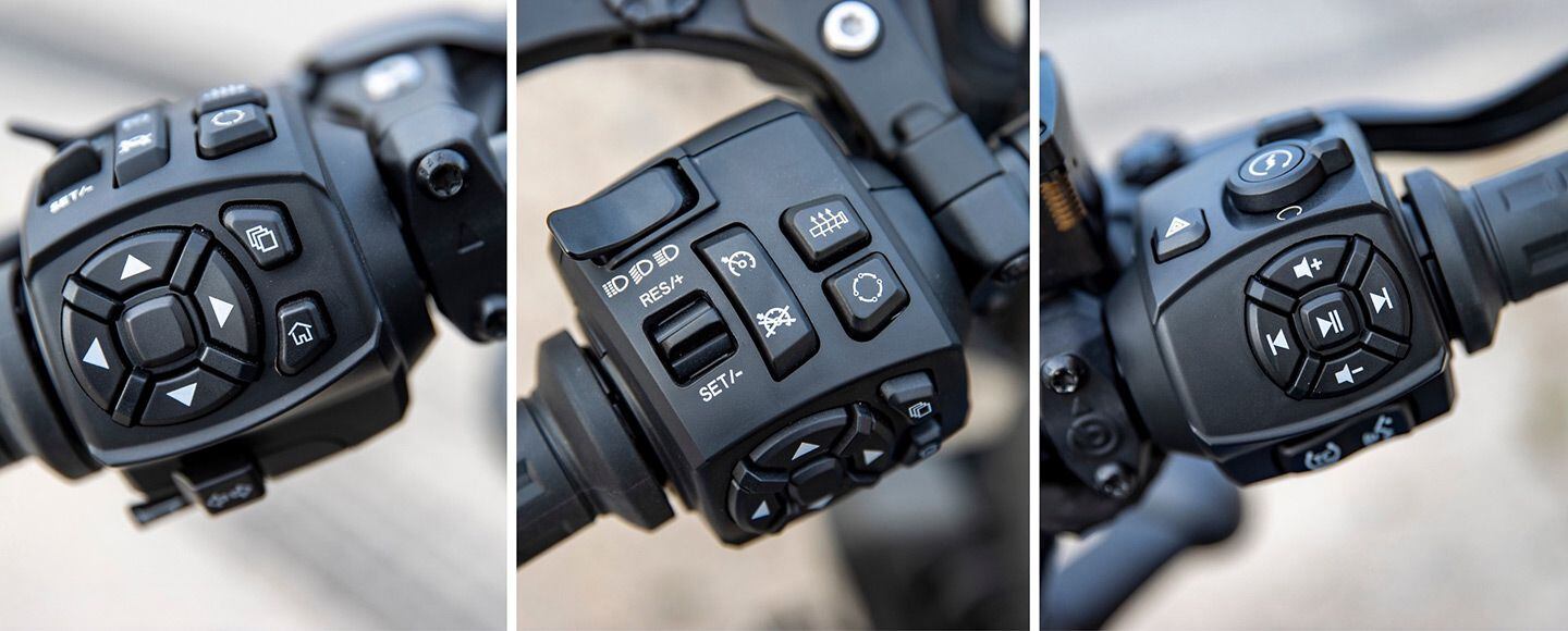 Harley-Davidson’s latest switch gear is a step in the right direction and overall very easy to use. The bike is prewired for heated hand grips (notice the heated grips button), but those grips need to be purchased separately.