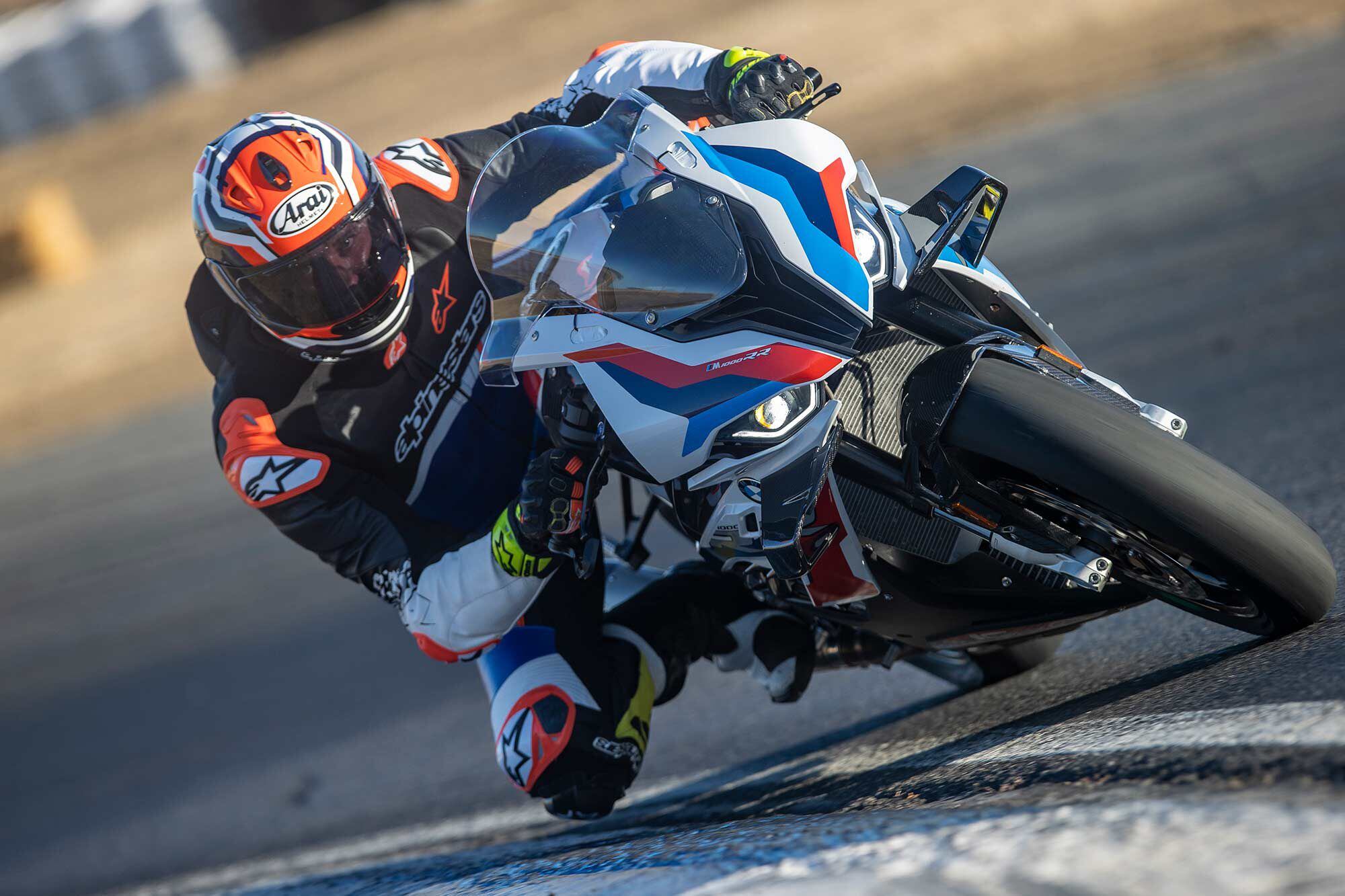 The M 1000 RR is the lightest bike of this year’s test at 403 pounds without fuel, which is best demonstrated by its precise steering and nimbleness on track.