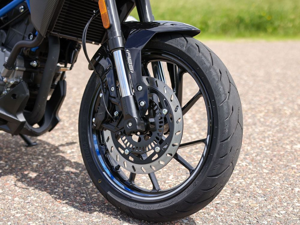 A single 300mm front disc squeezed by a four-piston caliper is more than enough to slow this bike down from its top speed of around 85 mph.
