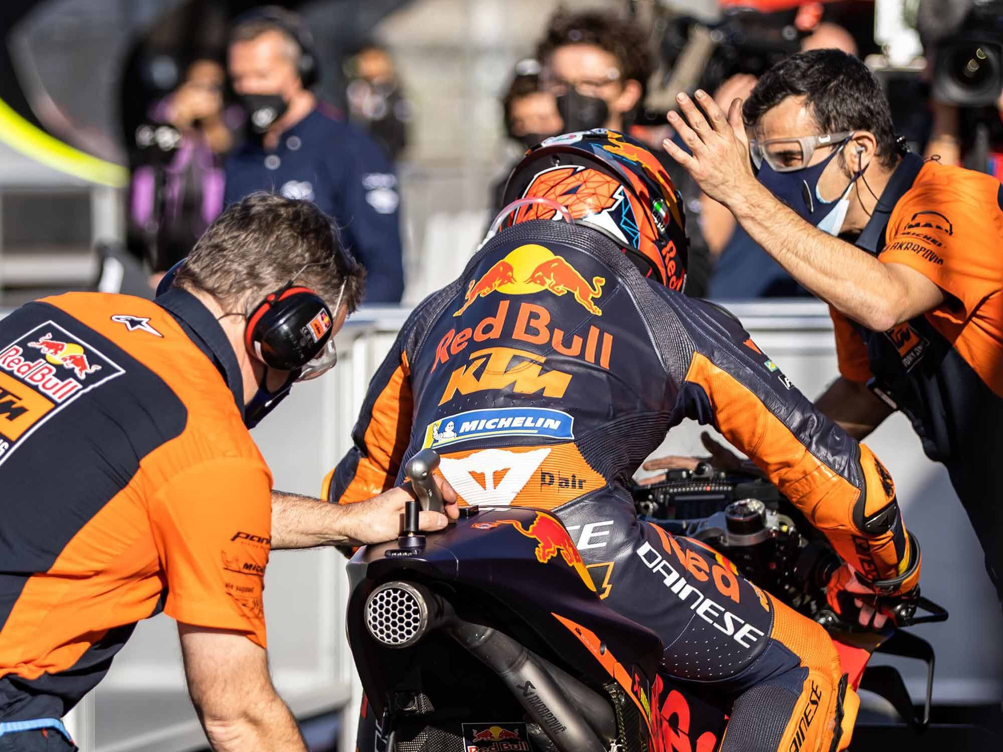 Pol Espargaró greeted his excited team as he made the podium again, finishing third.