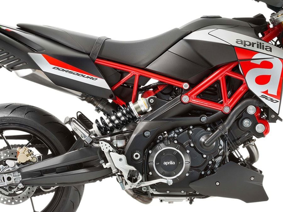 The 896cc version of Aprilia’s V-twin is the last one to remain in production, and was last seen on the Dorsoduro (2019 photo).