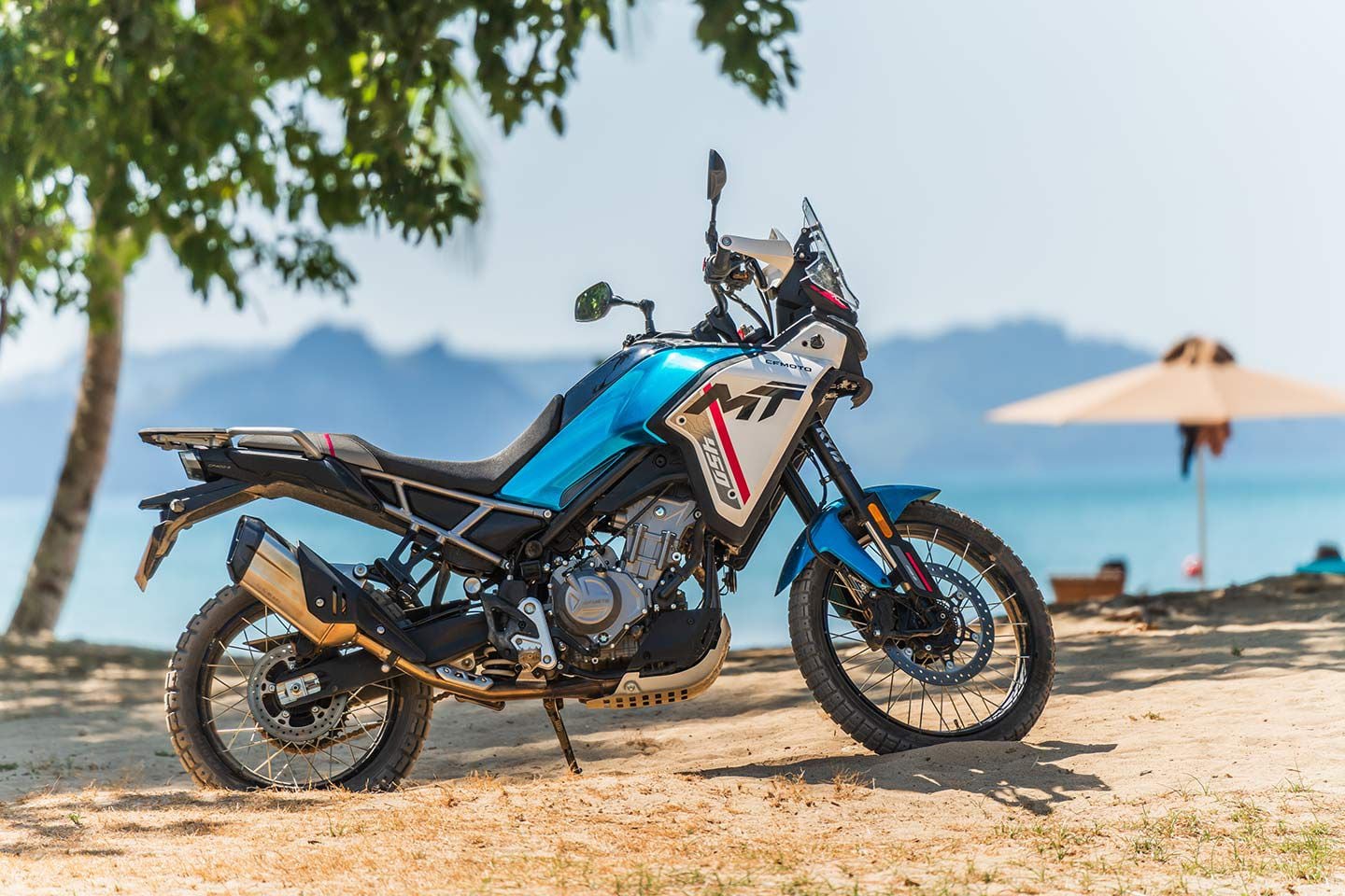 Ibex 450 in Zephyr Blue. Dimensions are more similar to a full-size adventure bike than a small, entry-level one, giving the bike a grown-up look.