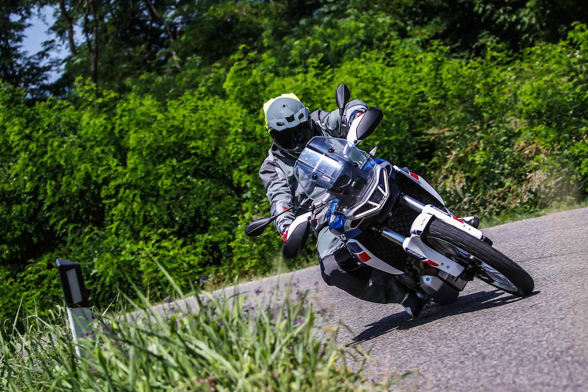 Cornering on the Tuareg 660 is much better than a 21-inch front wheel would suggest.