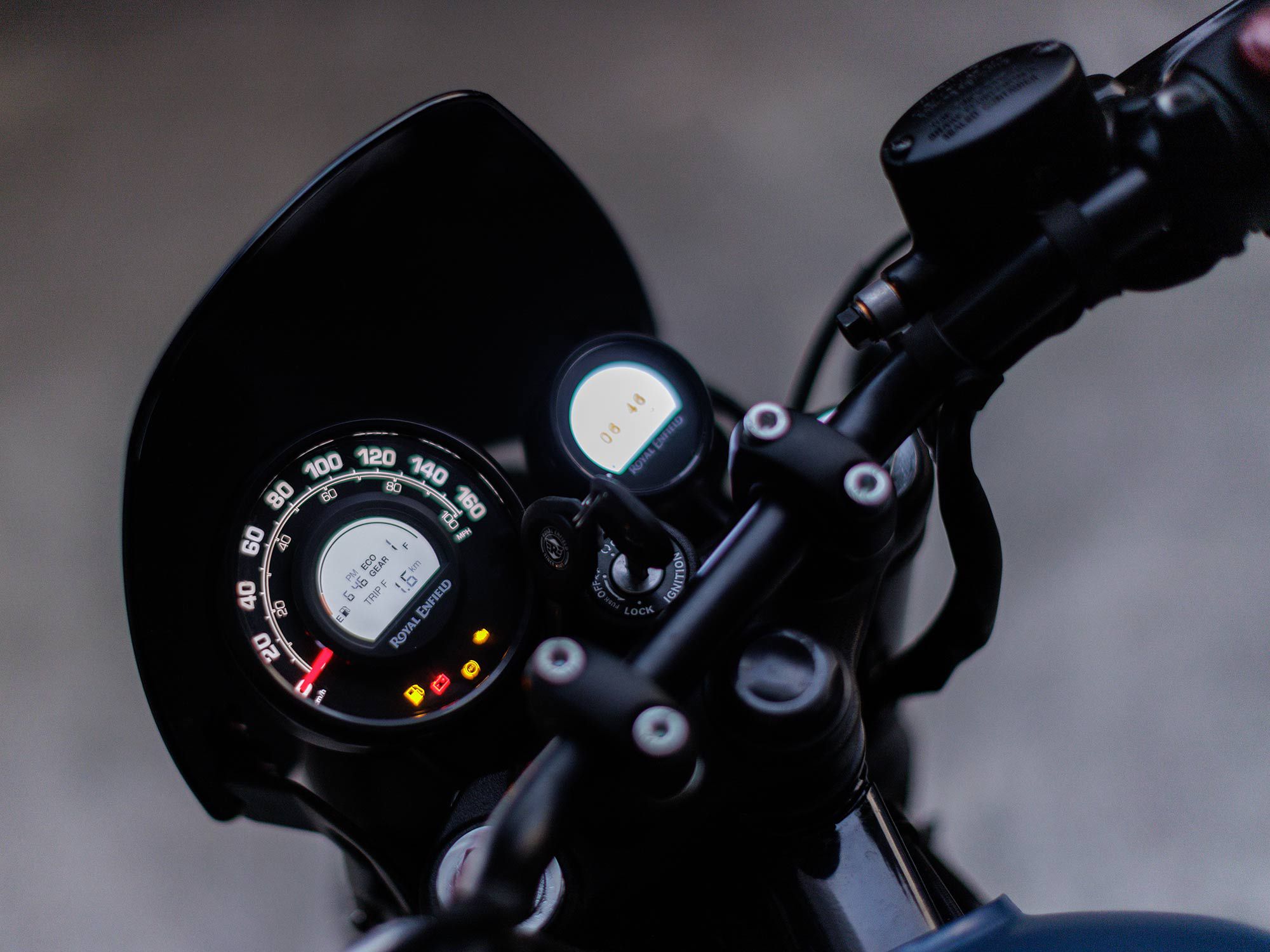 A mix of digital and analog instrumentation adorn the Hunter’s handlebars, though the navigation system on the right is an aftermarket accessory.