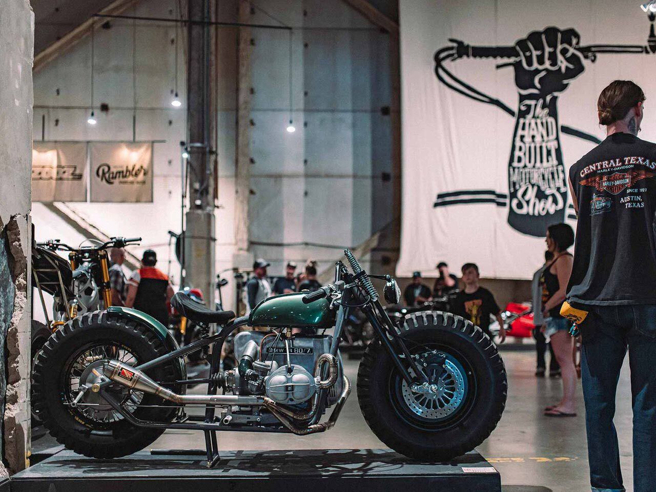 Unconventional choppers like this cut-up R80 with tractor tires draw massive attention at shows like Handbuilt.