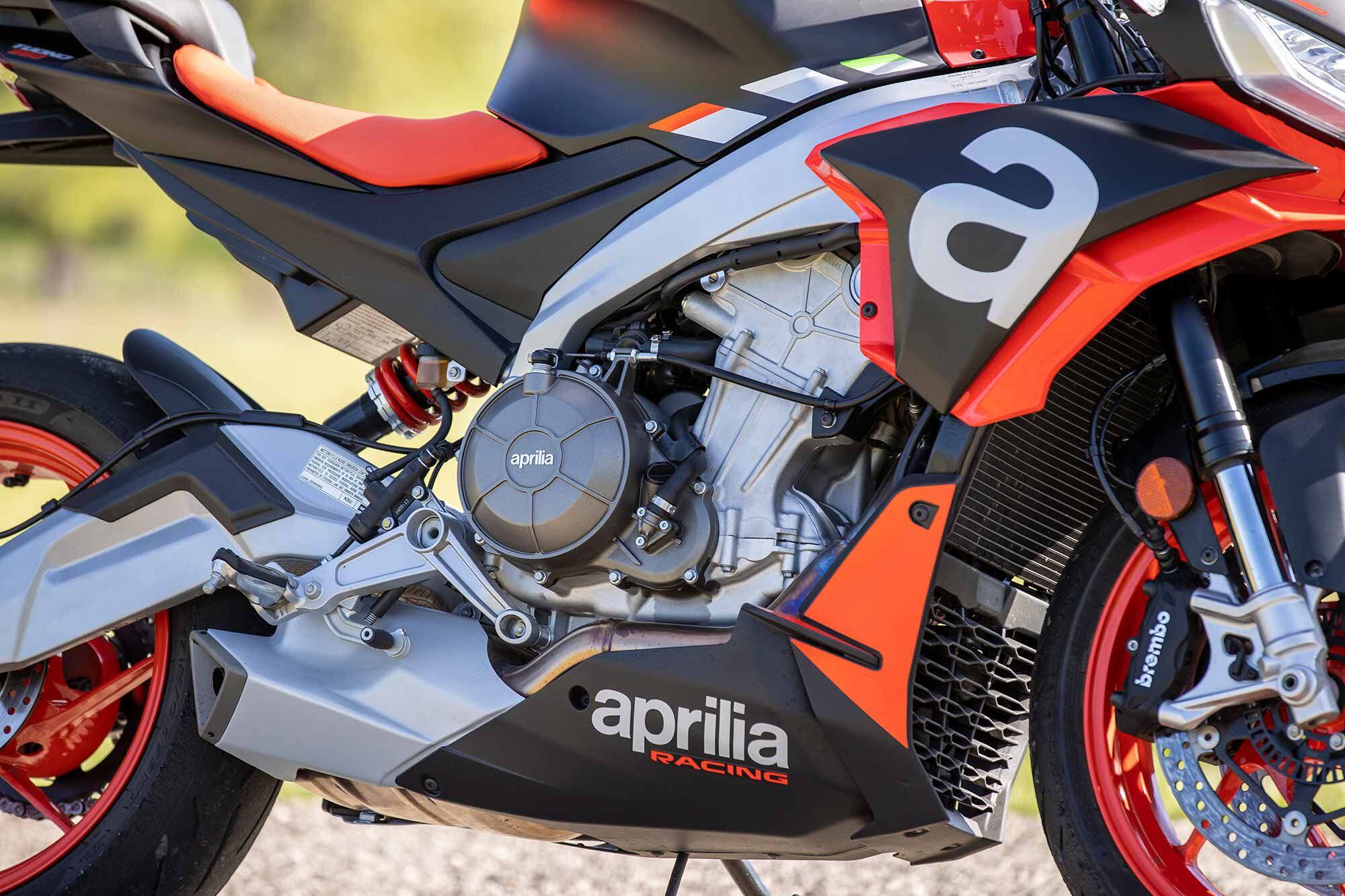 Aprilia chopped up its V-4 powerplant into this 659c parallel-twin engine that’s tamed by the precise Aprilia Performance Ride Control electronic rider-aid suite.