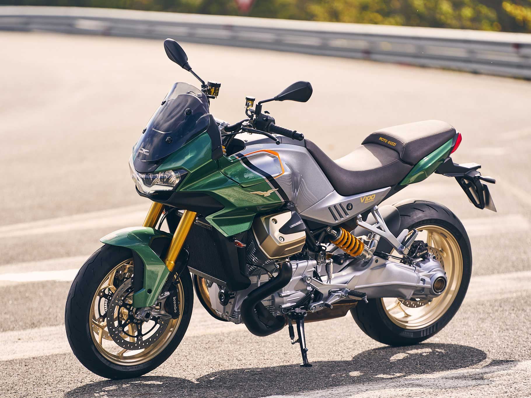 Two details to note here: First, see how the new engine’s exhausts exit from the bottom of the head as opposed to the front. Second, check out the single-sided swingarm, also housing Guzzi’s signature shaft final drive.