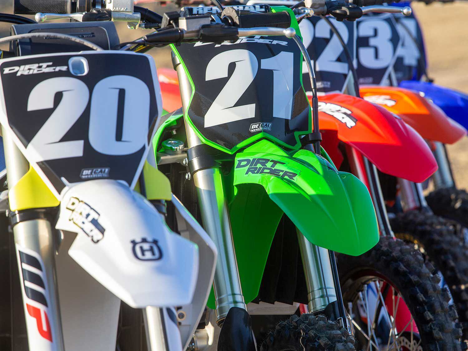 Each machine in the 250 four-stroke motocross bike comparison test was adorned with DeCal Works preprinted number plate backgrounds and arched front fender stickers.