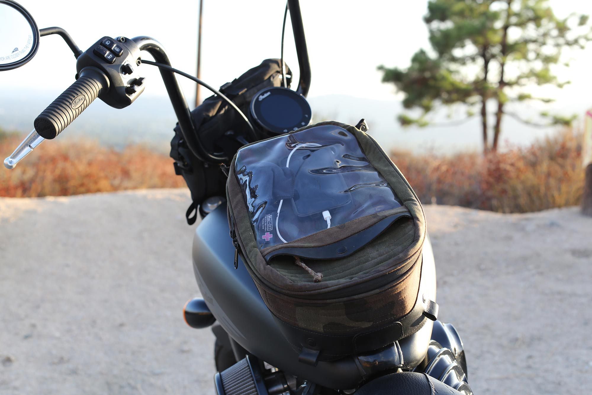 The Touring Bag easily attaches to any bike with a steel gas tank, but a universal fit kit is available for non-ferrous tanks as well.