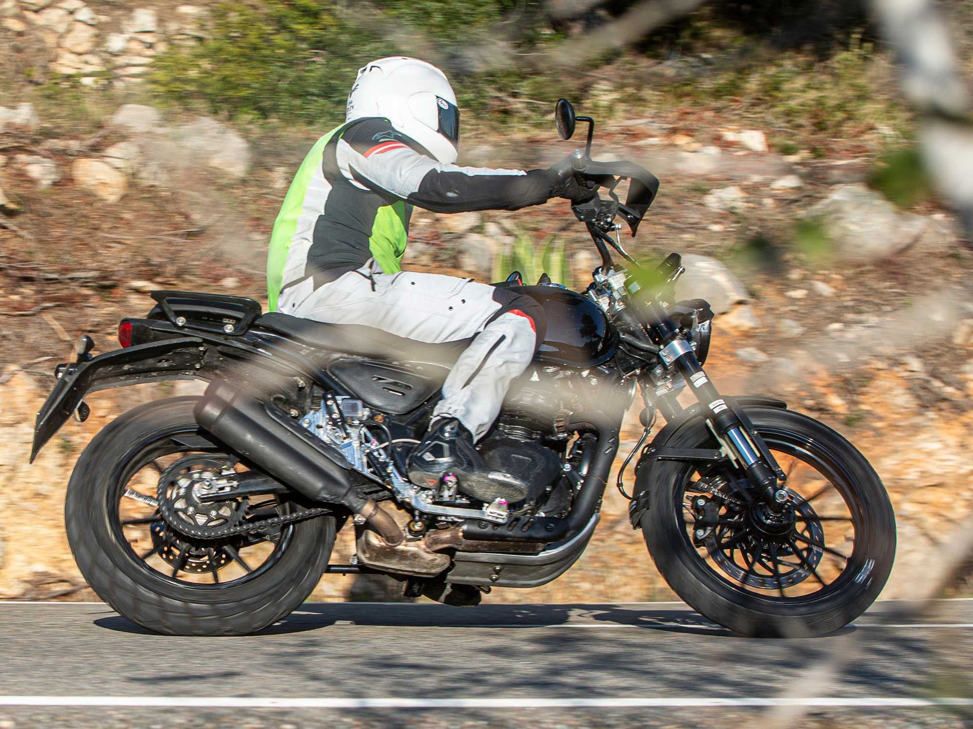 The scrambler-type bike also has a two-piece seat and more relaxed rider footpeg positioning.