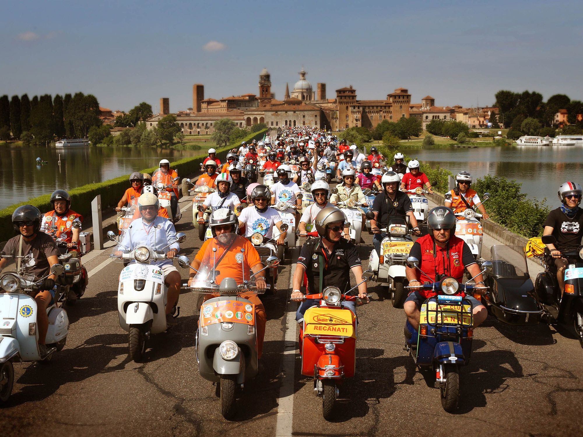Vesparados! Vespas have always had a huge fan base, inspiring rallies all over the world. This is in Mantua, Italy, in 2014.