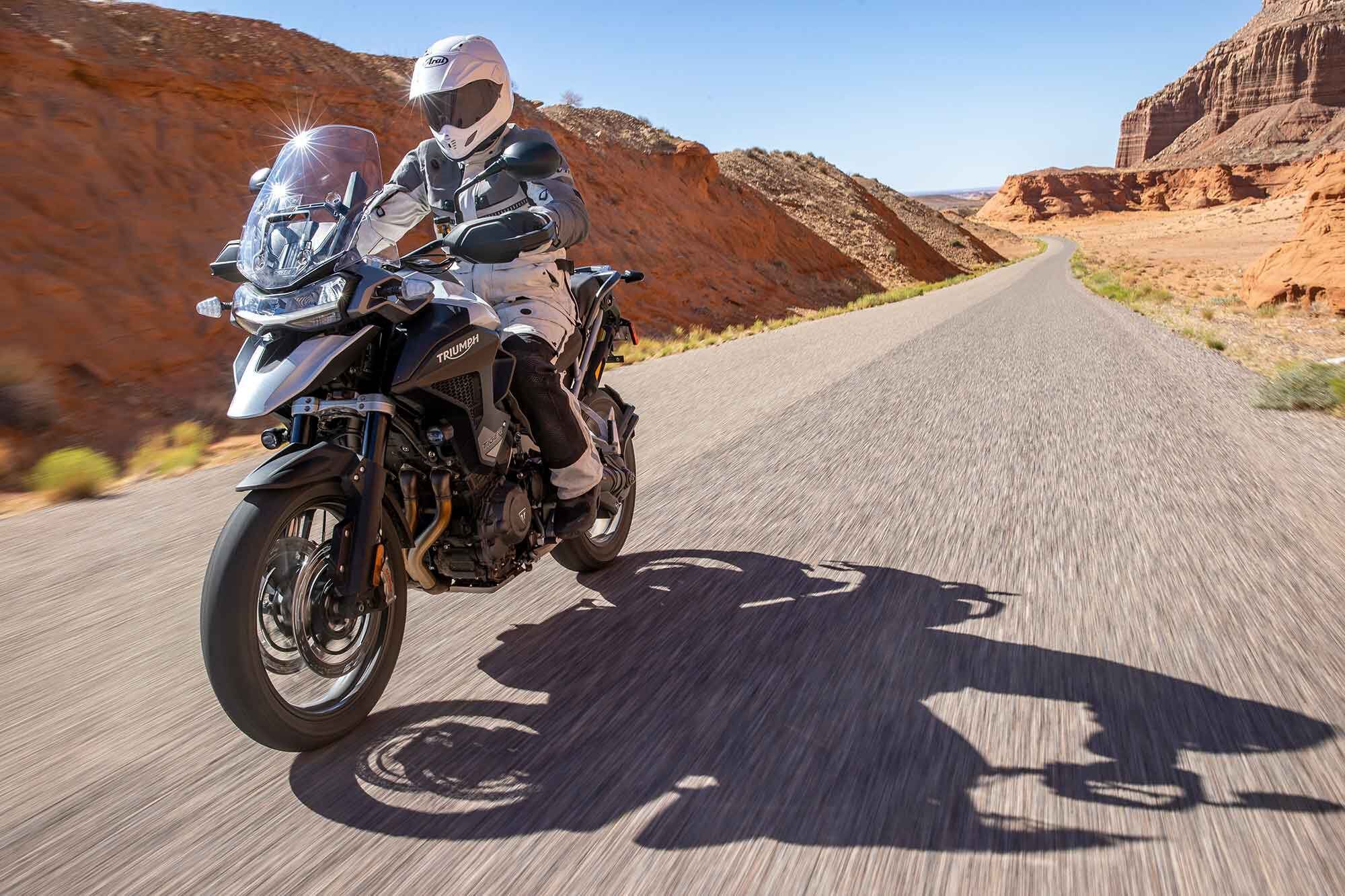 We really like the Triumph’s windscreen and especially its adjuster. A comfortable riding position and nice seat, make long days a no-brainer.
