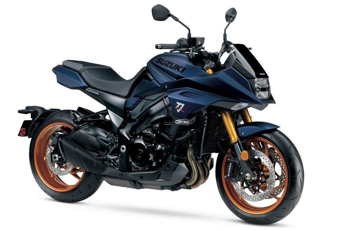 For 2024, limited numbers of Suzuki’s Katana will be available in the US. The bike is finished in Metallic Blue paintwork, gold forks, and gold wheels.