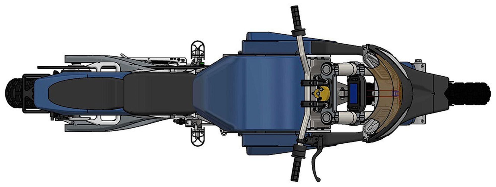 The top view shows the broad upper “tank” area that conceals the battery pack.