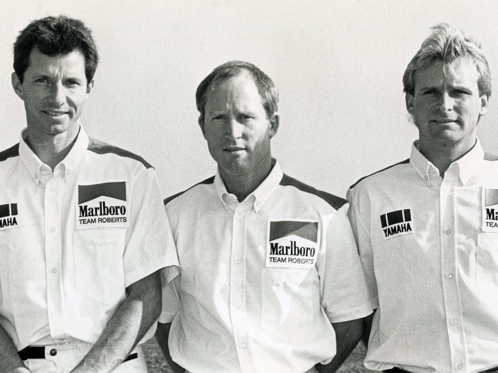 Roberts as team manager, with Marlboro Team riders Eddie Lawson (left) and Wayne Rainey