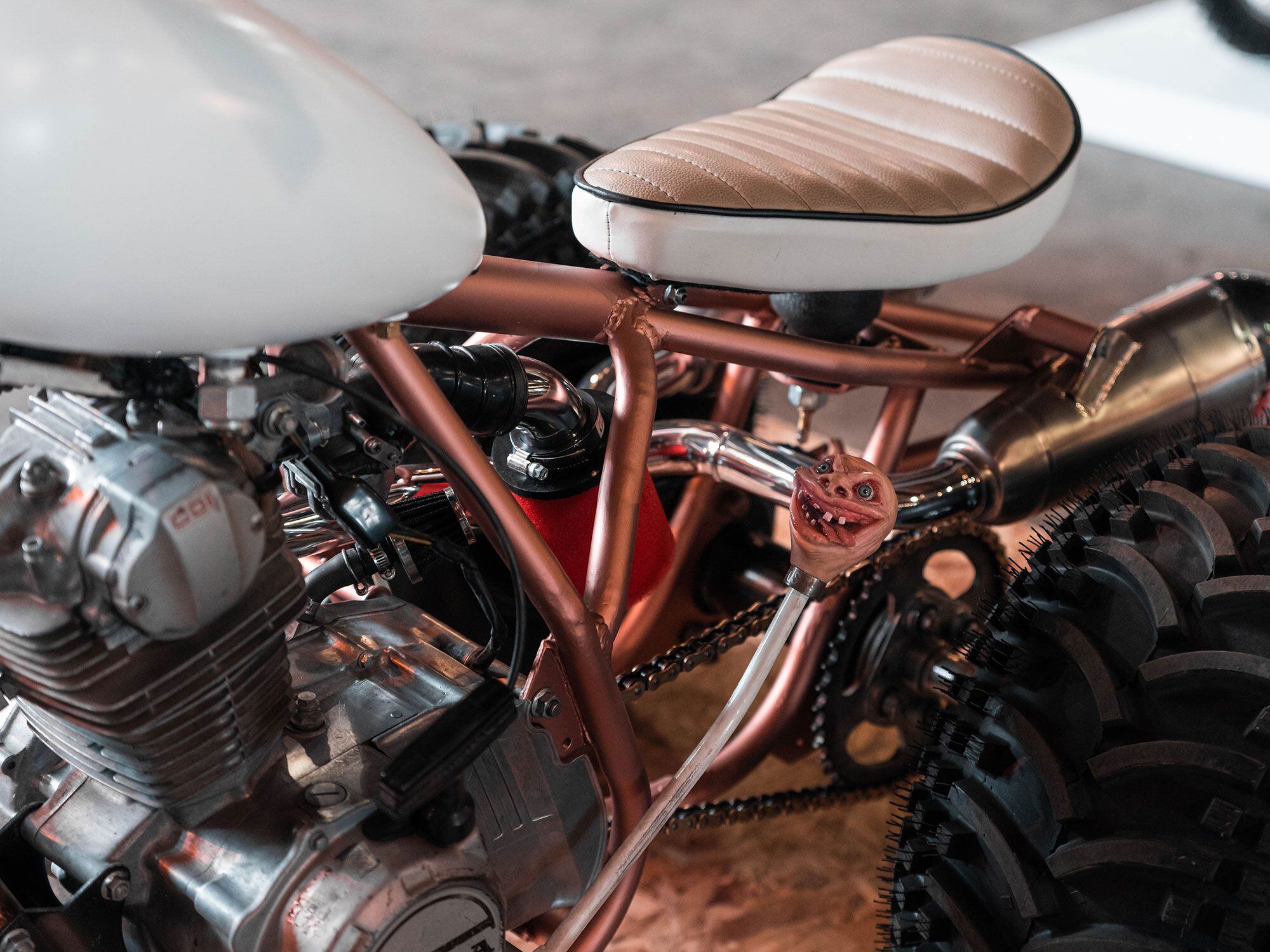 A freaky hand shifter on Monica’s custom Honda ATC 185.