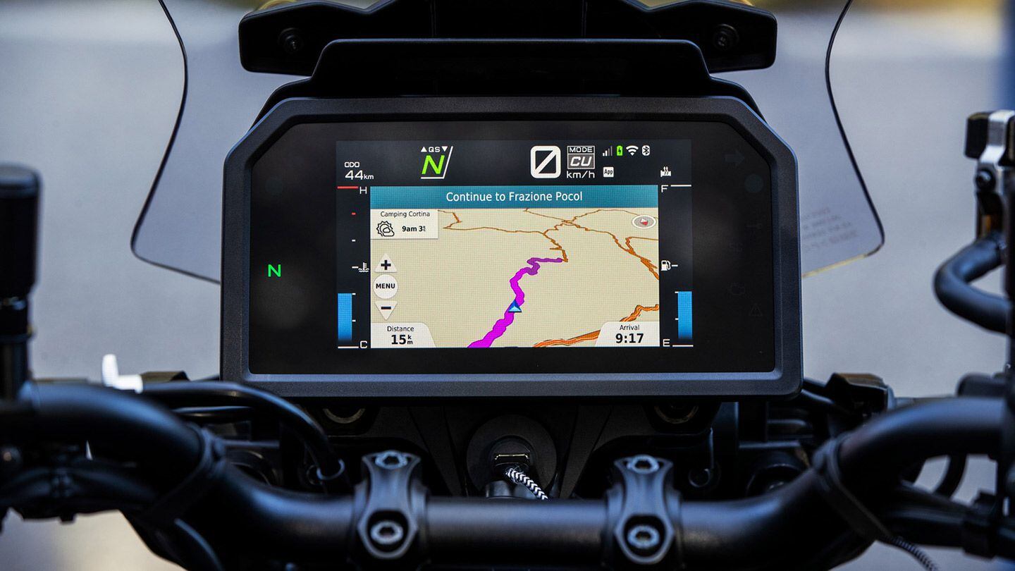 Bluetooth connectivity allows users to tether smartphones to the dash for music, calls, texts. While Garmin’s Motorize app provides on-screen navigation.