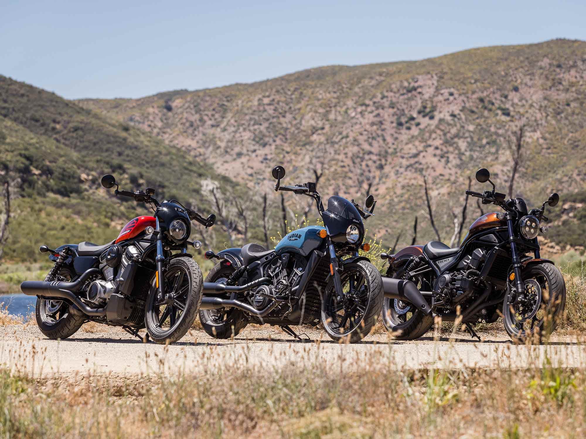 2022 Harley-Davidson Nightster, Indian Scout Rogue, and Honda Rebel 1100 DCT.