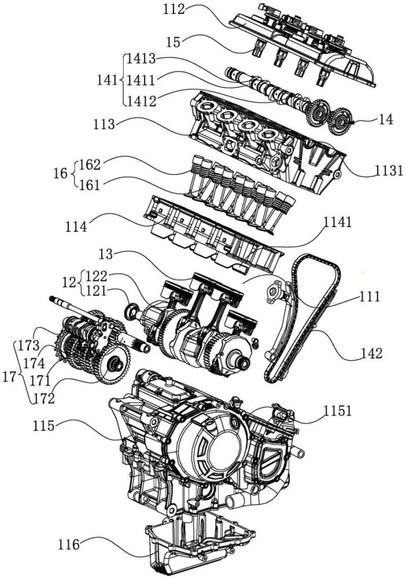 This cool exploded view of the 500cc inline-four gives us a ton of information.